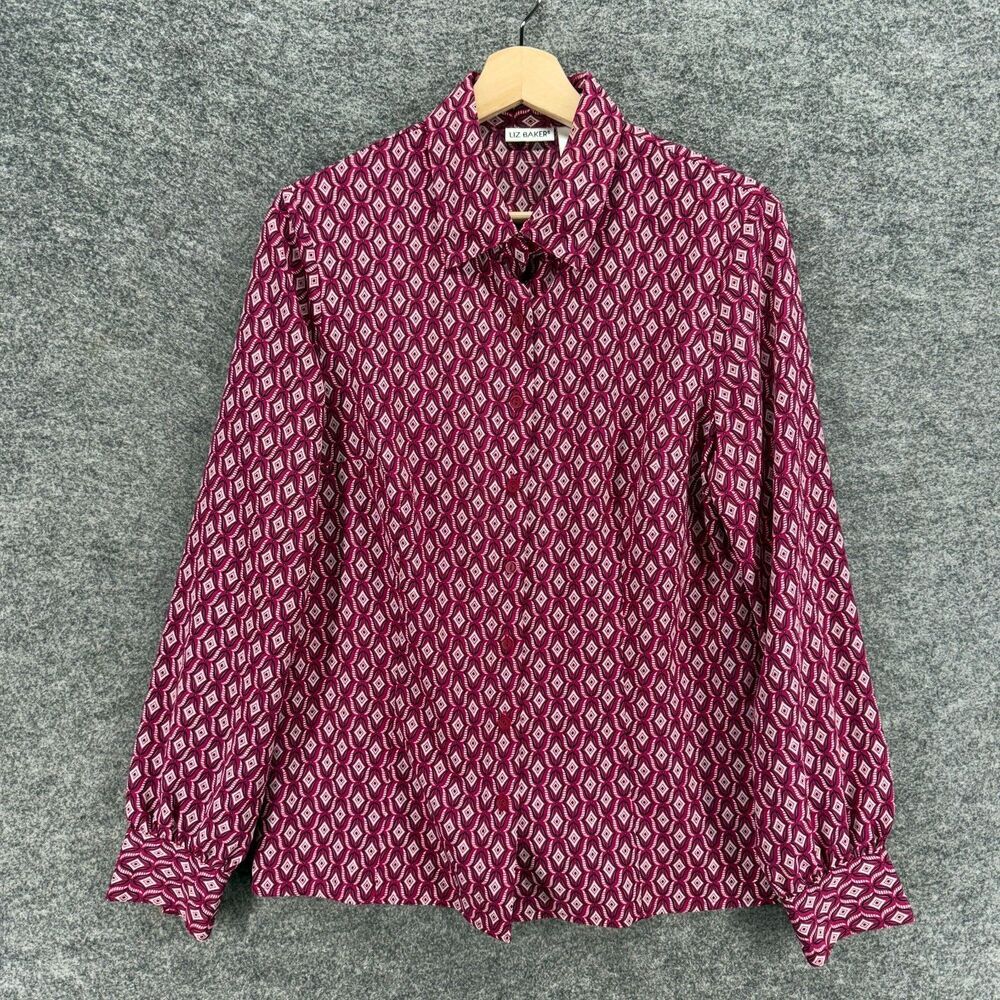 Liz Baker Shirt Women 10 Pink Geometric Button Up Collared Long Sleeve Casual